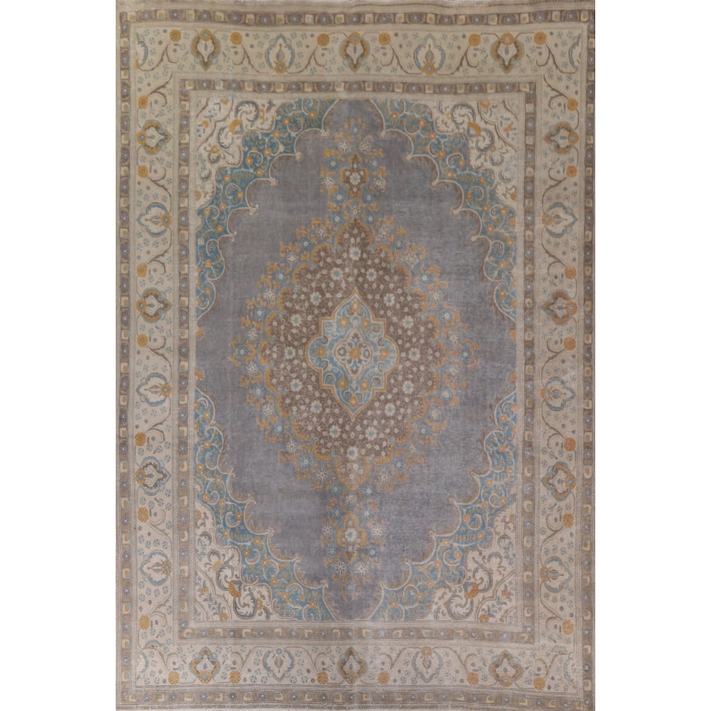 Hand Knotted Oriental 100% Wool Carpet Traditional Medallion Greys & Charcoal Tabriz Area Rug - 12' 8'' X 9' 6''