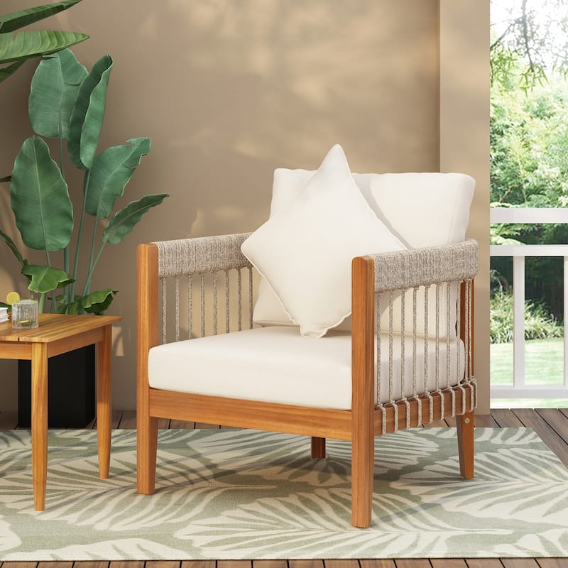 Acacia Wood Outdoor Club Chair with Removable Cushions for Porch and Garden - Natural and Beige
