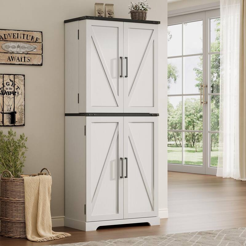Farmhouse Wood Pantry Cabinet with Barn Doors, Adjustable Shelves