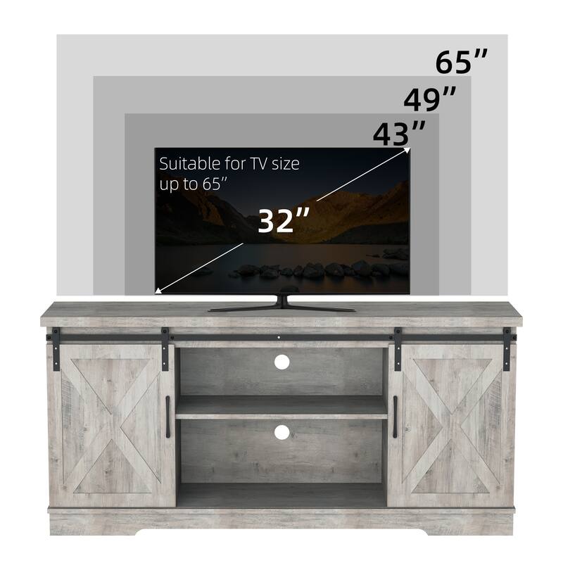 TV Stand for 65" TV with Barn Doors, Storage and Shelves