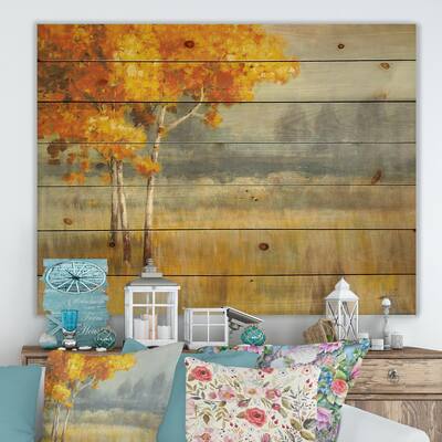 Designart 'Autumn Landscape' Farmhouse Print on Natural Pine Wood - Grey