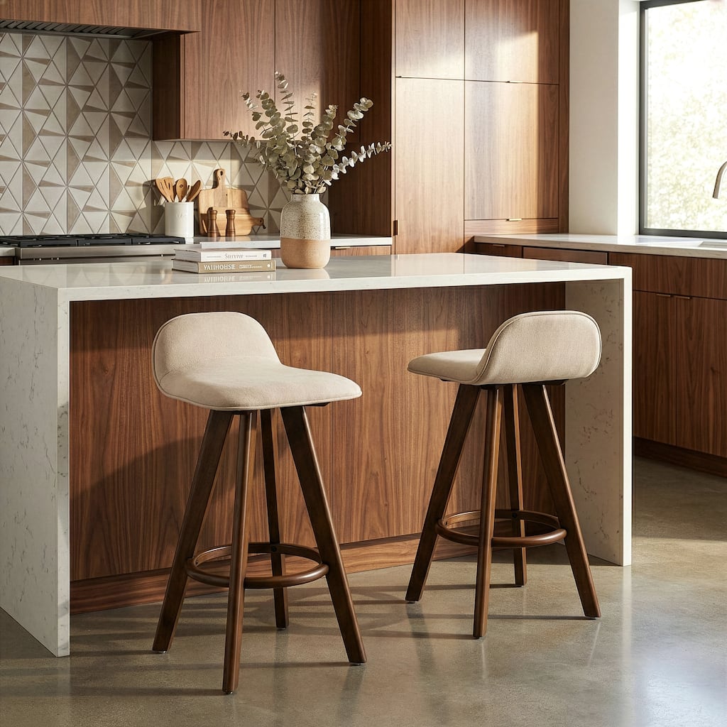 Set of 2 Asta Dark Brown Rubberwood Counter Stool with Low Back Fabric Seat