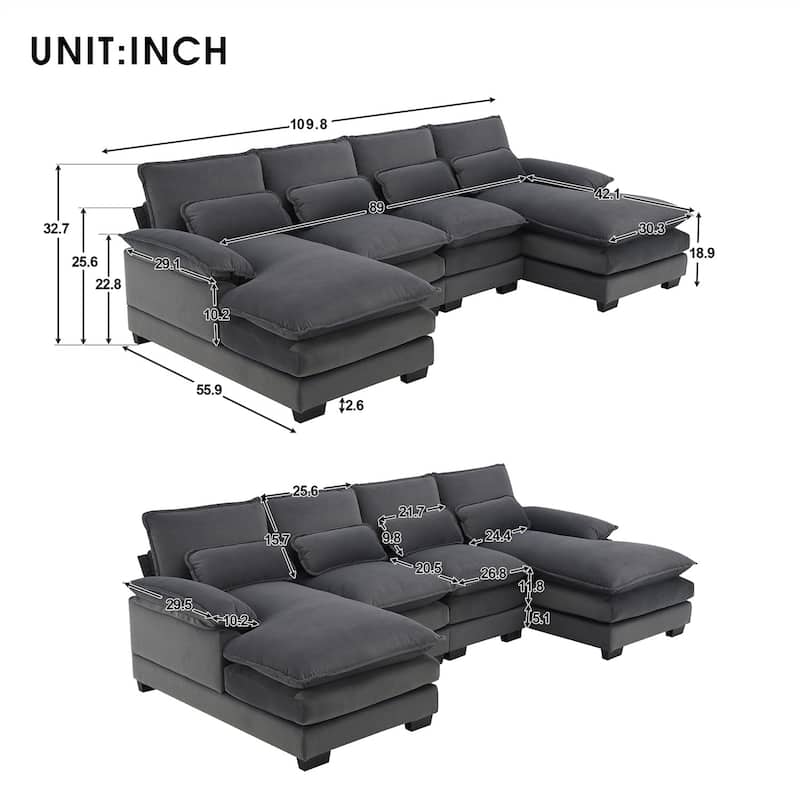 Modern U-Shaped Upholstered Sectional Sofa, Sleeper Couch with Waist Pillows