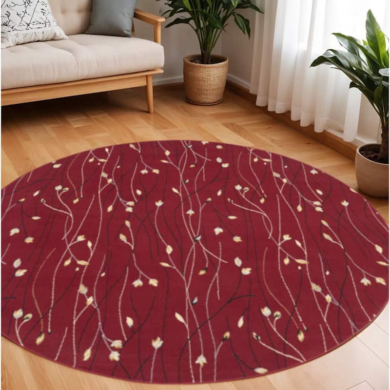 Lugi Power Loomed Floral Durable Area Rug By HomeRoots - 96' X '96' X '0.5 - Red Black and Ivory - Round