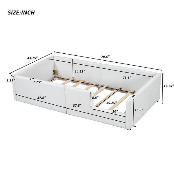 Twin Size Upholstered Platform Bed with Guardrail, Comfortable Design Kids Bed Frame with Charging Station for Bedroom, White