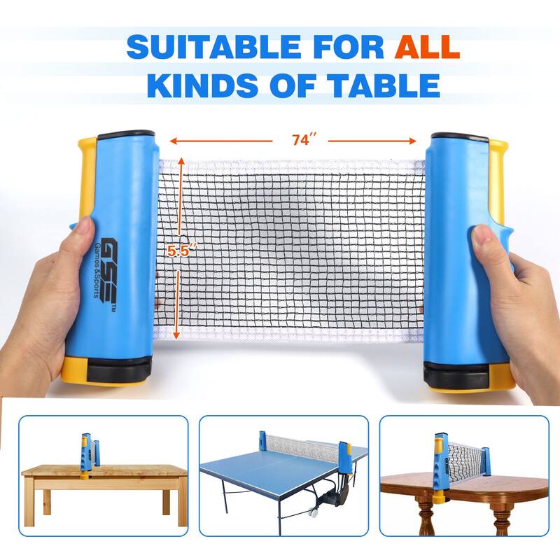 GSE™ Complete Portable Table Tennis Game Set with Retractable Ping Pong Net & Post, 2 Paddles & 3 Ping Pong Balls for Anywhere