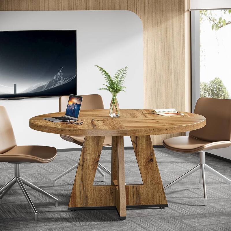 47" Round Conference Table Meeting Room Table with Thickened Top Wood Base Modern Training Desk for Conference/Seminar Room