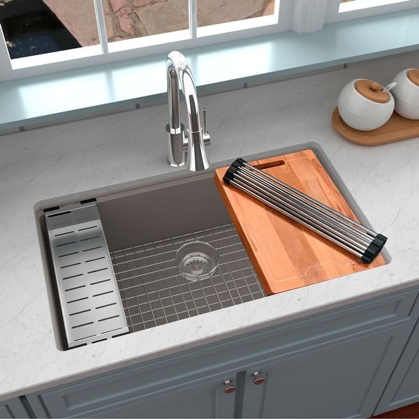 slide 2 of 49, Karran Undermount 32.5 in. Large Single Bowl Quartz Workstation Kitchen Sink Concrete
