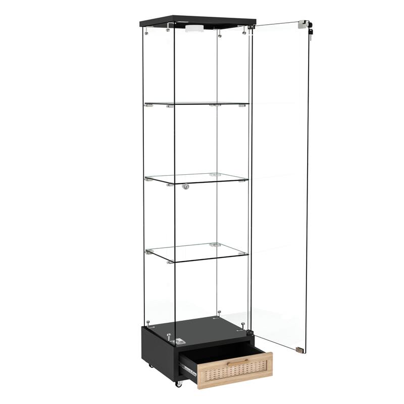 Glass Display Cabinet With Drawer,Cabinet With Led Lights,Tempered Glass Bookshelf, 1-Door Storage Case With 4 Shelves