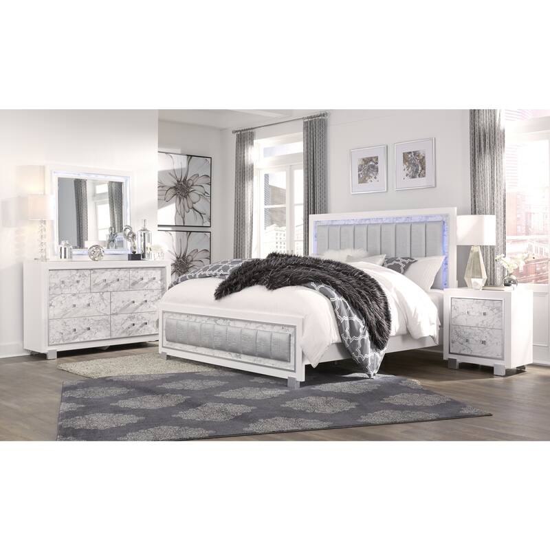 Modern Bed with LED Headboard - Queen Size Platform Bed Frame, White Finish