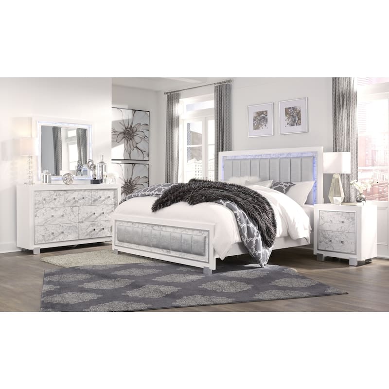 Modern Queen Bed with Lights - Upholstered Bedroom Furniture, White Finish, Faux Marble Accents