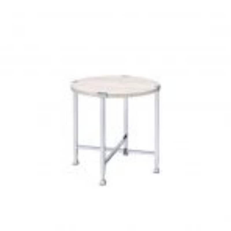 Modern 24 Inch Round End Table with White Oak Wood Top and Chrome Cross Legs Base for Living Room - 24"H x 24"W x 24"L