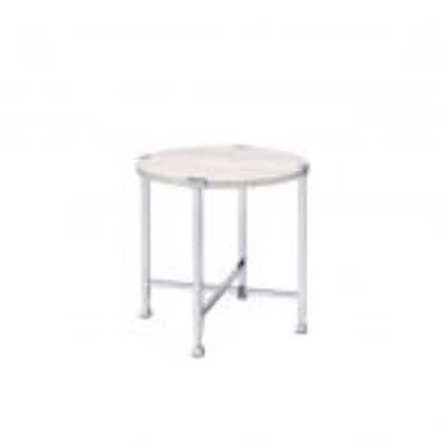Modern 24 Inch Round End Table with White Oak Wood Top and Chrome Cross Legs Base for Living Room - 24"H x 24"W x 24"L