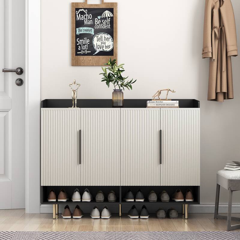 Modern Shoe Cabinet with 4 Doors, Shoe Storage Organizer with Adjustable Shelves for Entryway - Off-White+Black