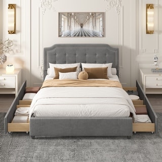 Elegant Design Queen Size Velvet Fabric Upholstered Platform Bed with ...