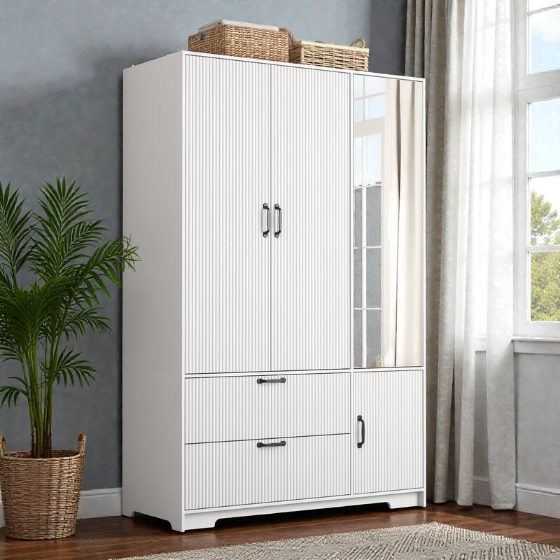 4 Door Wardrobe Closet with Mirror and LED Light, Wooden Wardrobe Cabinet with 2 Drawers Hanging Rod and Shelves