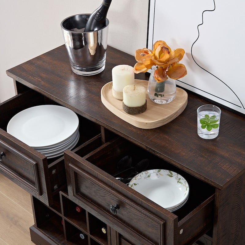 Barn Door Buffet Bar Cabinet With Drawers And Storage Shelves