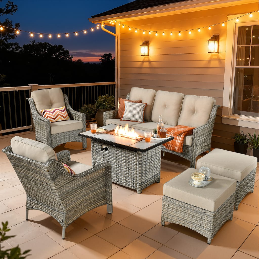 XIZZI 6-Piece Patio Furniture High-Back Wicker Sofa Set with 42" Fire Table