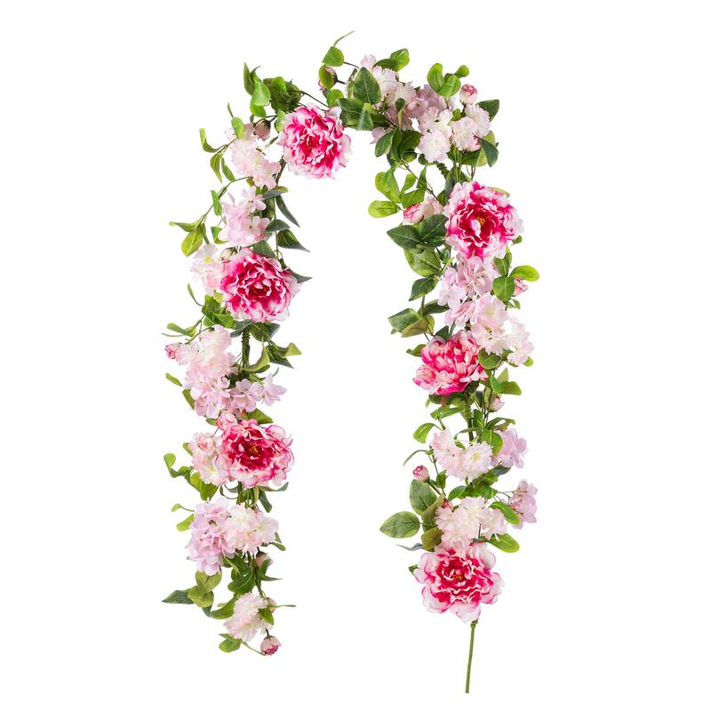 Glitzhome Pink Hydrangea, Peony & Cherry Wreath Garland - Garland