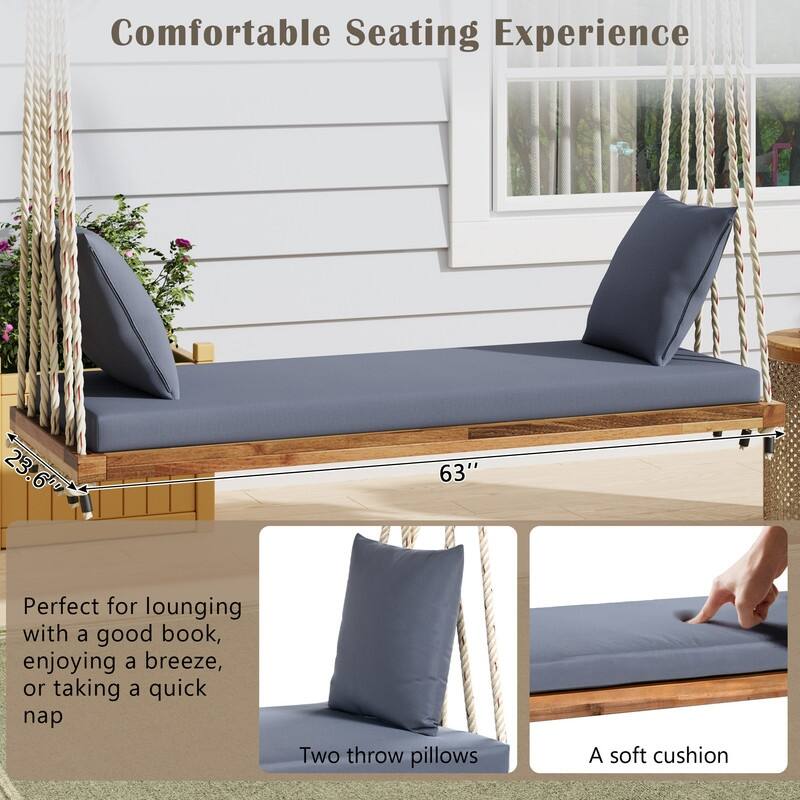 Porch Wooden Swing Chair with Hemp Ropes, Patio Hanging Swing Bench with Cushion & 2 Pillows
