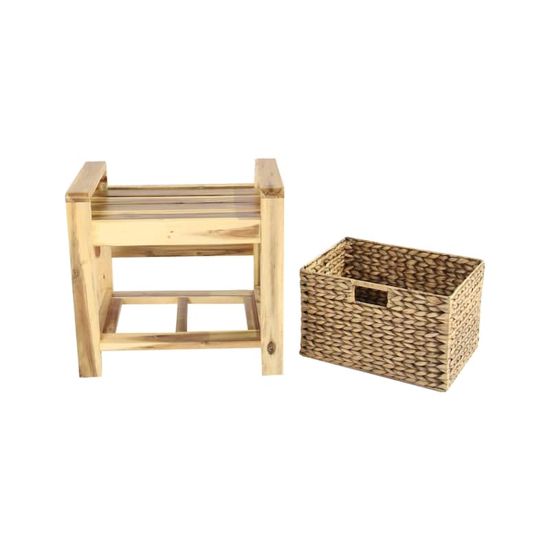 M4H Brae Solid Wood Natural Water Hyacinth Basket Storage Ottoman