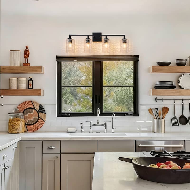 3/4-Light Modern Black Wall Sconce Bathroom Vanity Light with Grid Glass Shades