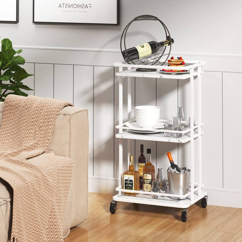 3-Tier Rolling Serving Bar Cart, Wood and Metal Kitchen Island Storage Cart with Wheels, Multifunction Utility Drink Cart