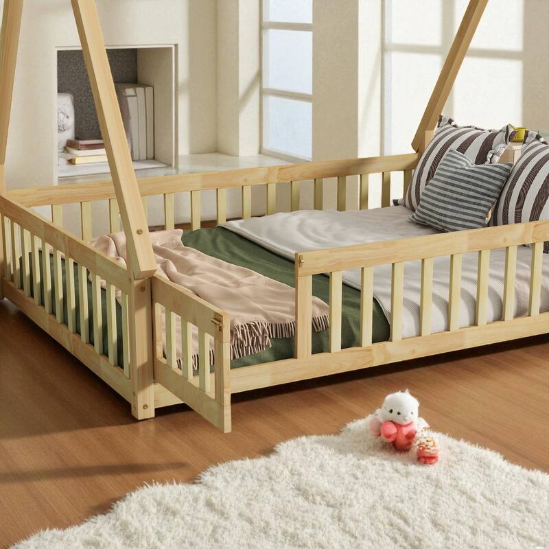 Full Size Rubber Wood Teepee Floor Bed with Guardrails, Slats and Door for Kids Bedroom