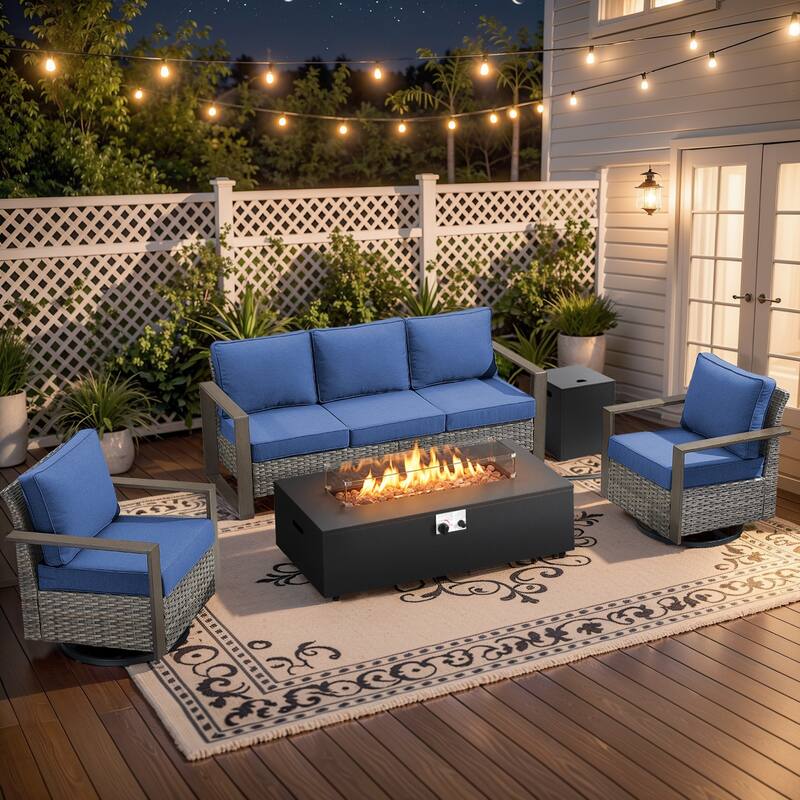 Pocassy Outdoor Sofa Swivel Chair Ottoman w/ 43" Fire Pit Set - Gray Wicker Blue Cushion - 4PCS Fire Table w/ 4-In Cushion Sofa Swivel Chair