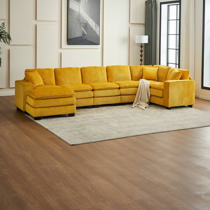 118.1'' Luxurious U-Shaped 6-Seater Sectional Sofa with Ottoman and 3 Plush Throw Pillows in Durable Corduroy Upholstery