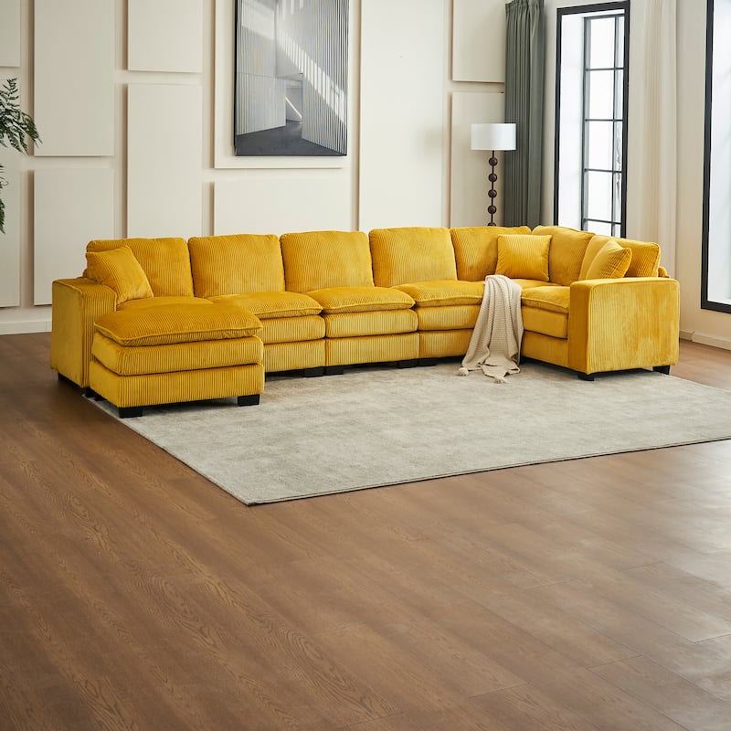 Yellow 118.1'' Luxurious U-Shaped 6-Seat Sectional Sofa with Ottoman and 3 Throw Pillows in Durable Corduroy