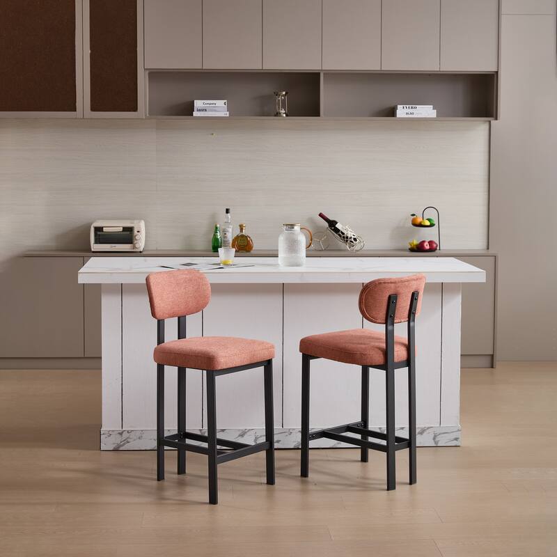 Bar Stools Set of 2, Fabric Upholstered Counter Height Bar Stools, Open Back Dining Chairs with Metal Legs & Footrest