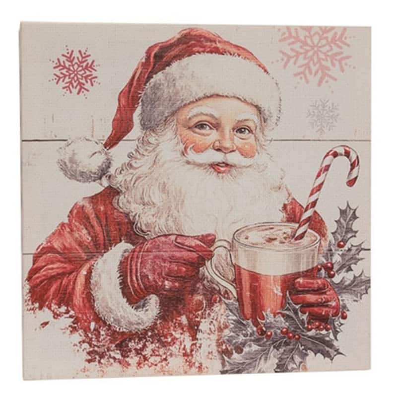 Retro Santa with Hot Cocoa Canvas Wall Art Vintage Christmas Red Santa Farmhouse Holiday Decor 12x12 - Red