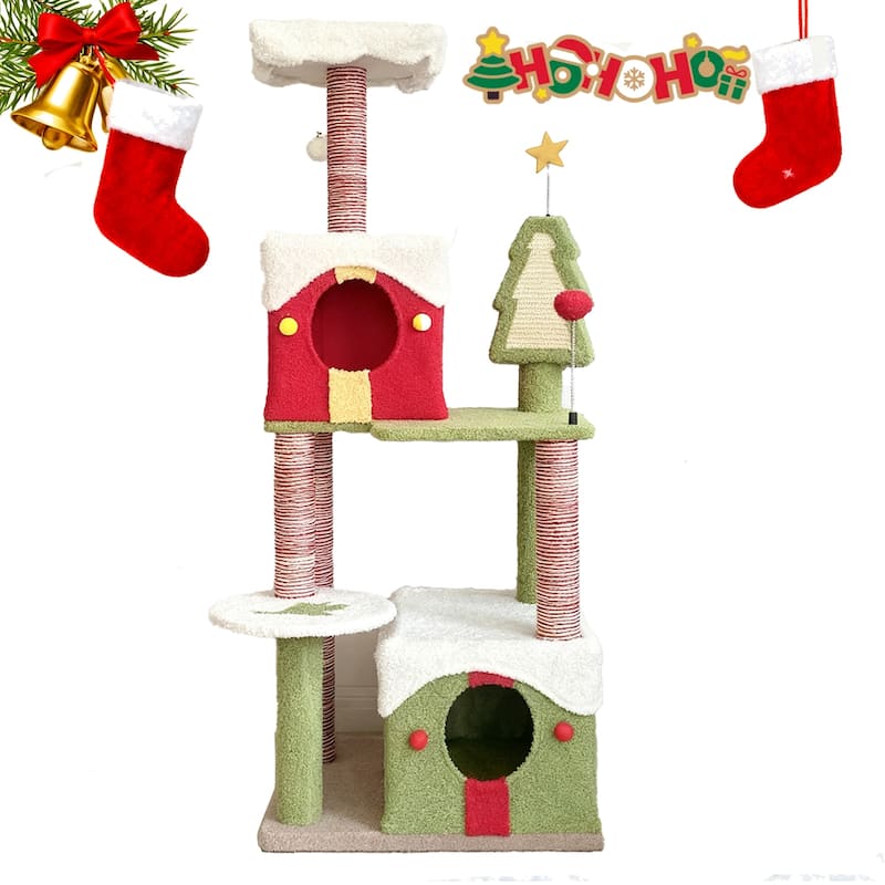 Wide Christmas Cat Tree Tower for Indoor Cats, Wood Cat Tree With Large Condo Wood ladder - Green,Red - Green,Red