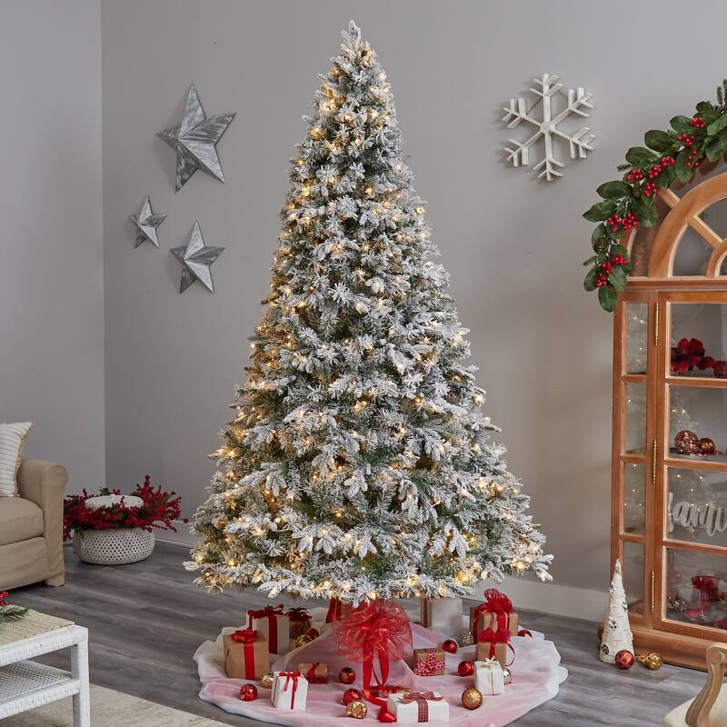 Pre-Lit Flocked Vermont Mixed Pine Artificial Christmas Tree - 9’ - Warm White LED Lights - 9 Foot