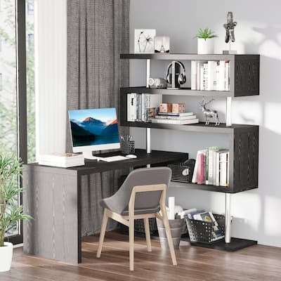 HOMCOM 94" 4 Tier Rotating Versatile L-Shaped Computer Desk Writing Table with Display Shelves and Steel Frame, Black