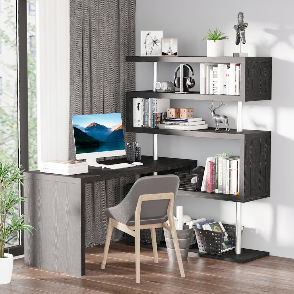 HOMCOM 94" 4 Tier Rotating Versatile L-Shaped Computer Desk Writing Table with Display Shelves and Steel Frame, Black