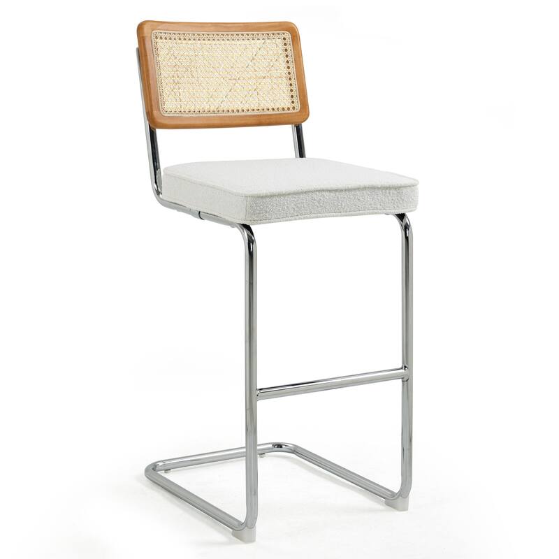Set of 2 Ayo White Fabric Bar Stool with Rattan Backrest and Silver Steel Legs