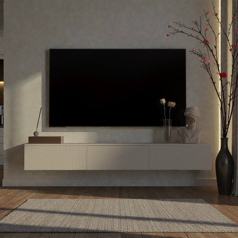 65" Floating TV Stand Wall Mounted with 16 Color LED Lights, Modern TV Cabinet for 55-65 Inch TVs