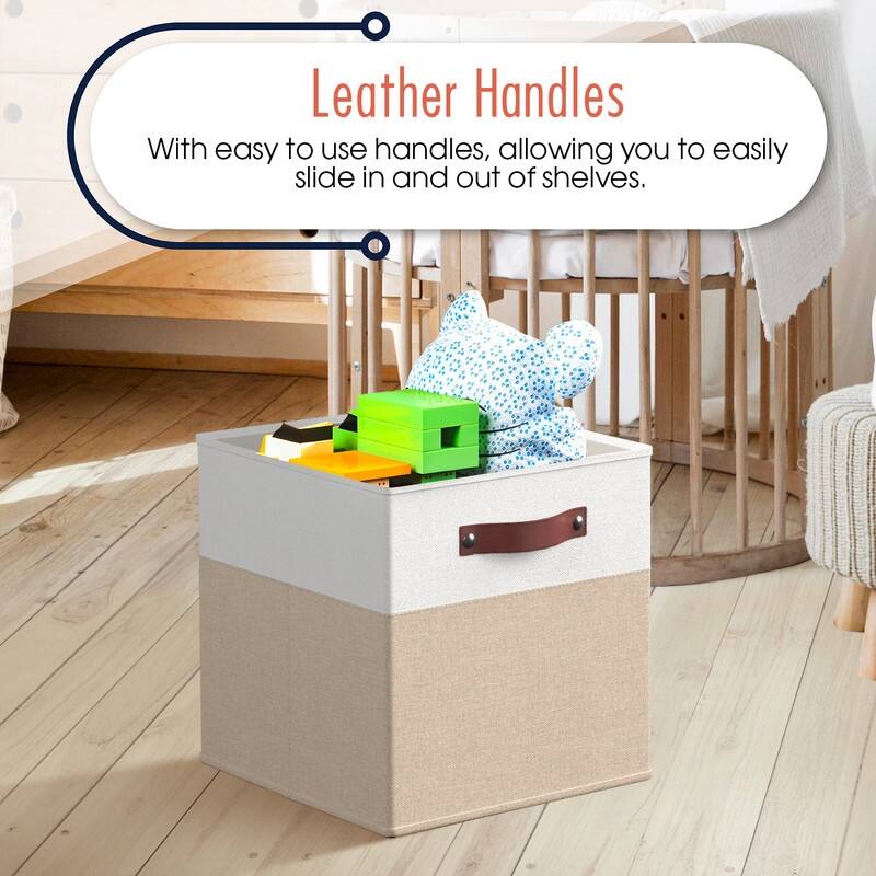 Foldable Collapsible Storage Box Bins Linen Fabric Shelf Basket Cube Organizer with Leather Handles - Set of 6