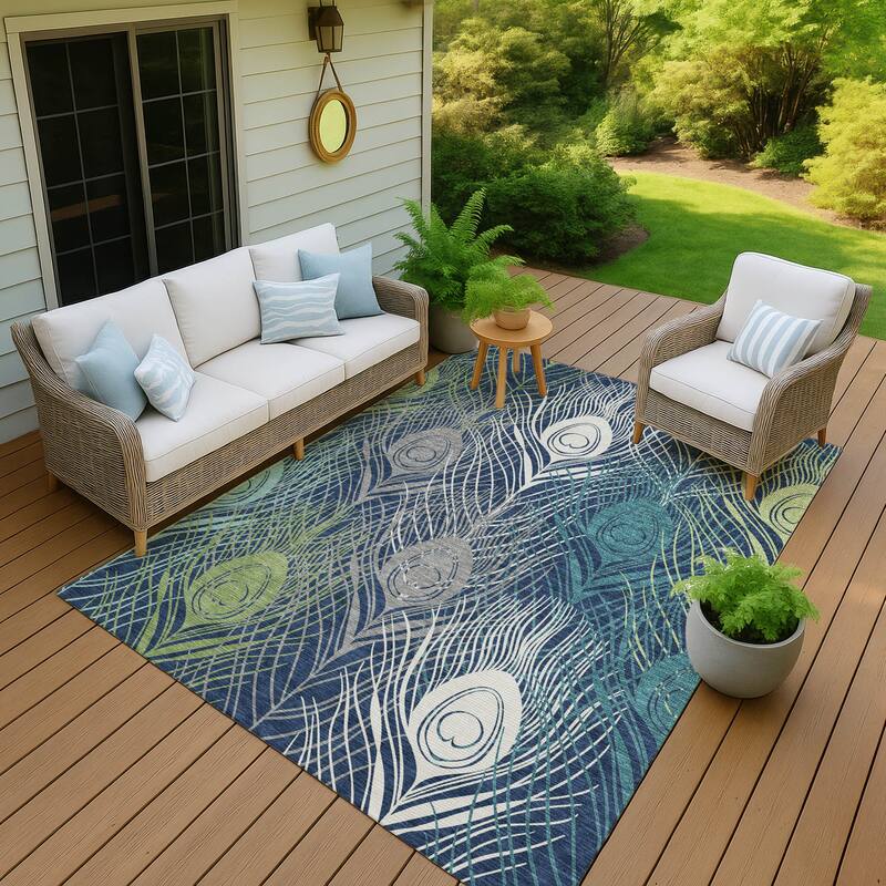 Machine Washable Indoor/ Outdoor Modern Peacock Chantille Rug - Navy - 8' x 10'
