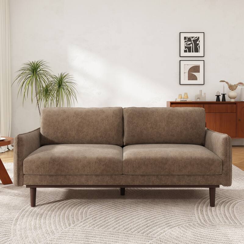 Elegant Loveseat Sofa Couch with Wood Legs, Brown 2-Seater Sofa Couch Settee Couch with Square Armrests - Brown