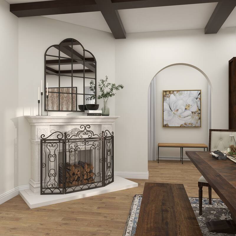 Metal Scroll Foldable Mesh Netting 3 Panel Fireplace Screen - Dark Brown - Roche River Decor