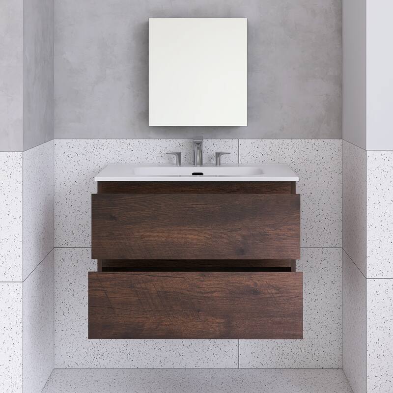Floating Integrated Bathroom Vanity with Ceramic Sink, Three Faucet Holes