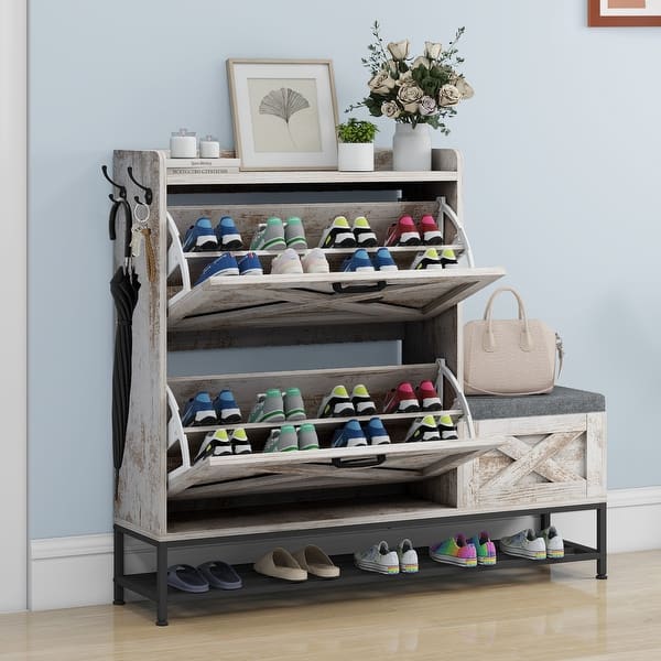 Moasis Farmhouse Shoe Storage Cabinet with 2 Flip Drawers for 16 Pairs Entryway Shoe Storage with Shoe Bench