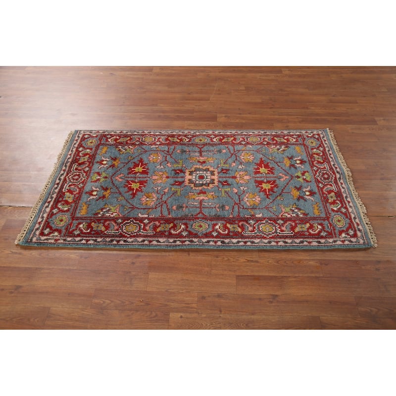 Blue Floral Oushak Indian Accent Rug Handmade Wool Carpet - 2'10"x 4'11"