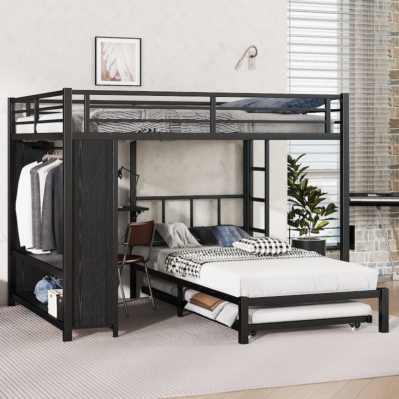Queen Over Twin Metal Bunk Bed with Built-in Wardrobe, Trundle, Foldable Desk, and Noise-Reduced Design - Black