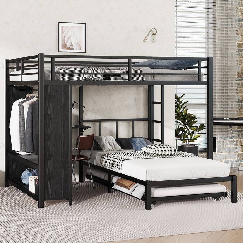 Queen over Twin Metal Bunk Bed with Built-in Wardrobe, Trundle and Foldable Desk - Black