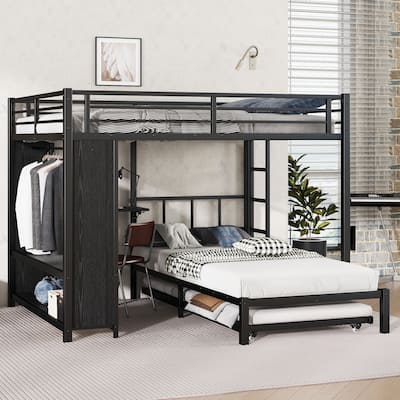 Queen over Twin Metal Bunk Bed with Built-in Wardrobe, Trundle and Foldable Desk