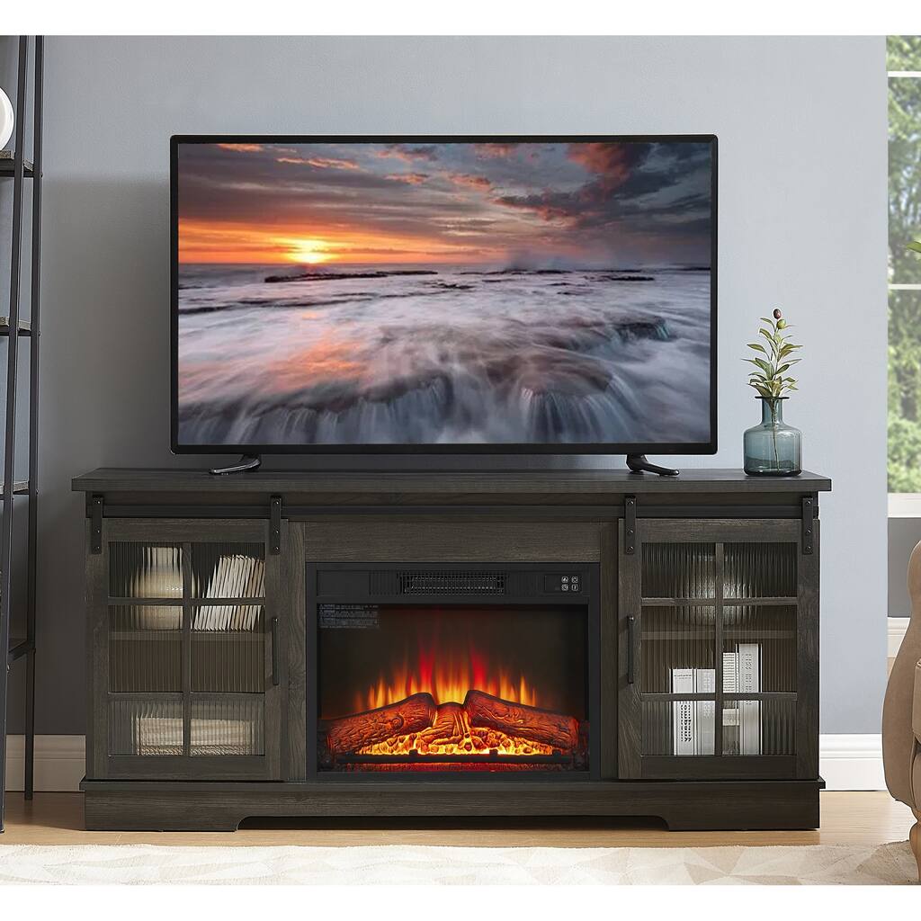Multipurpose Sliding Door TV Stand Large Storage Cabinet with 23" Fireplace